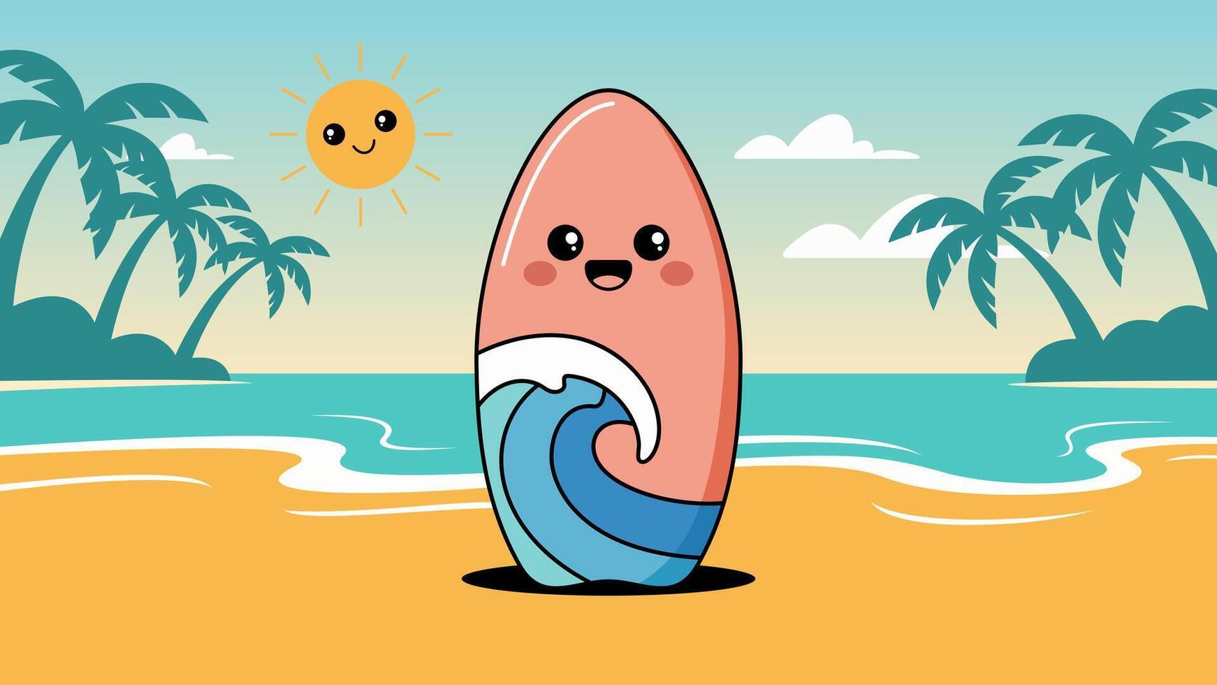 Vibrant and Joyful Kawaii-Style Summer Beach Scene Background vector