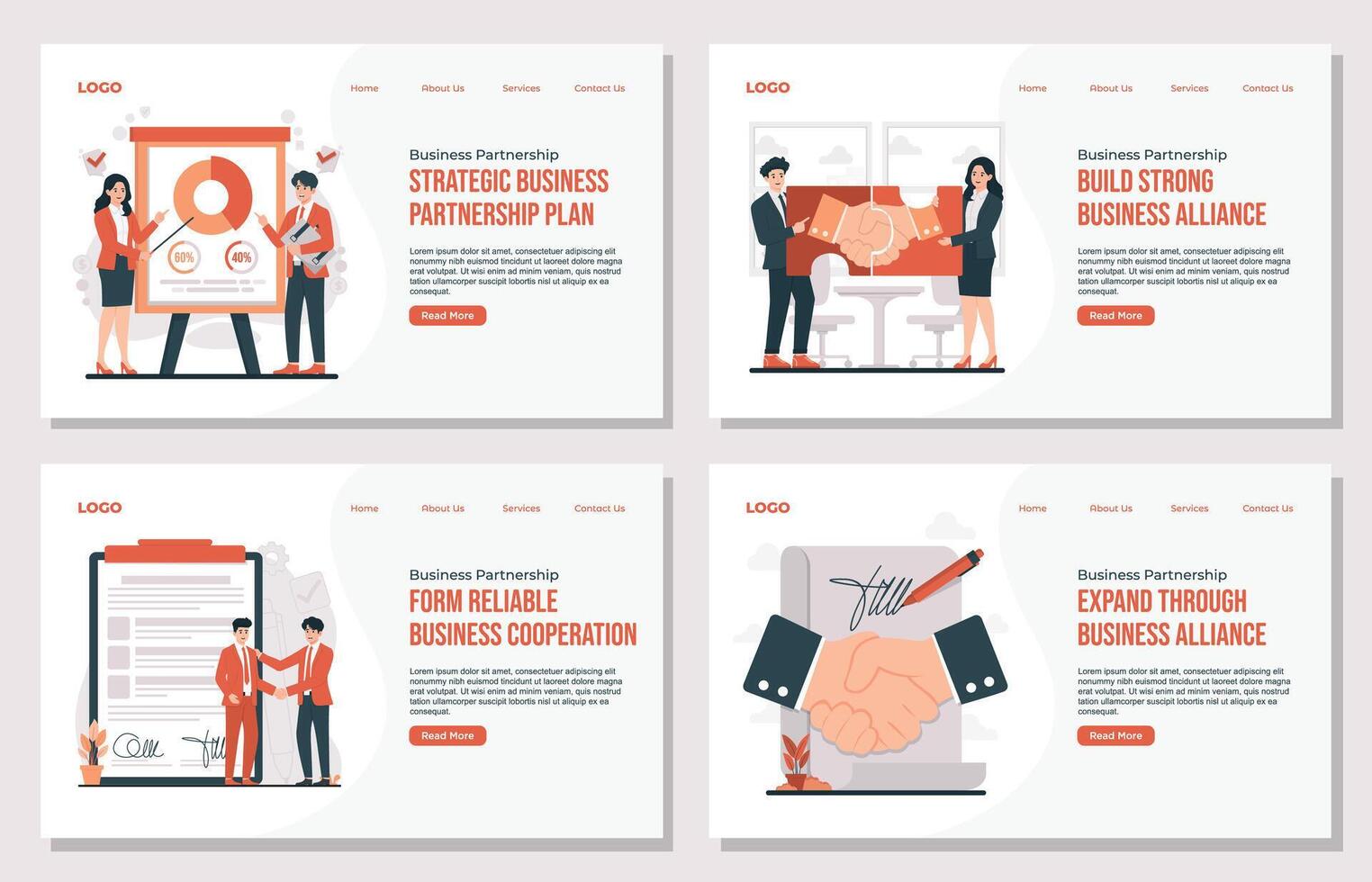 Landing page template Business partnership concept illustration set showing agreement handshake profit sharing successful collaboration between partners in modern flat design vector