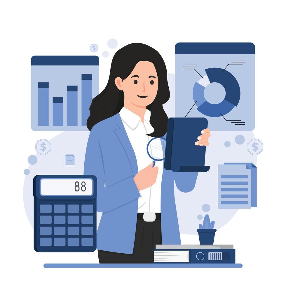 business report concept with financial audit, presentation charts, data analysis, and review vector