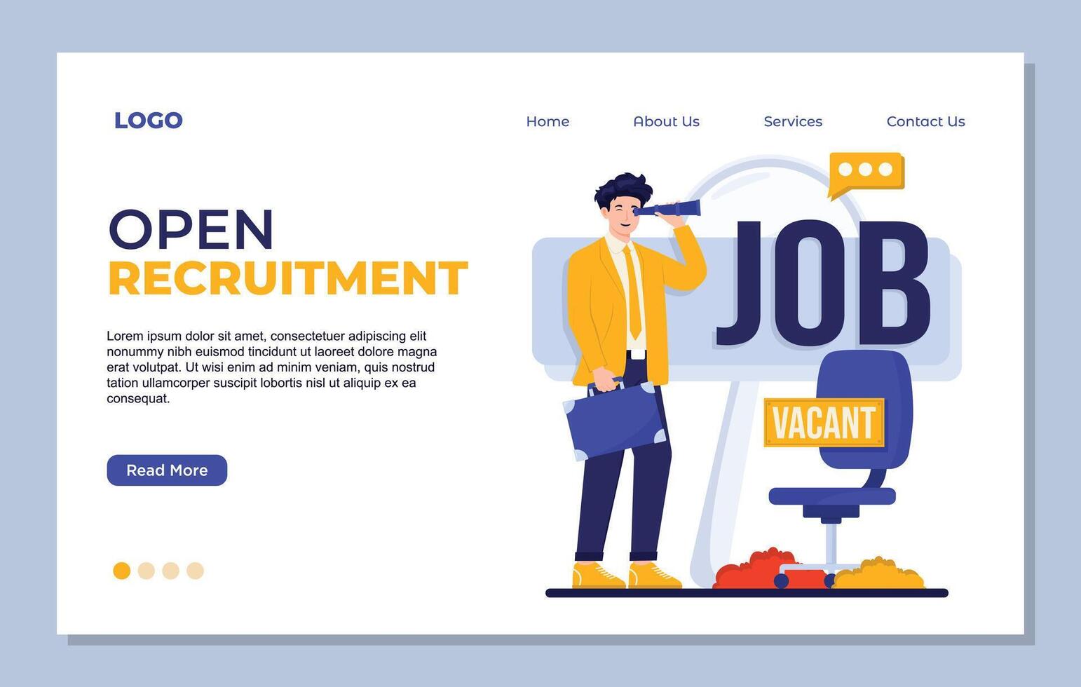 Job interview landing page template. Businessman with briefcase and binoculars. illustration vector