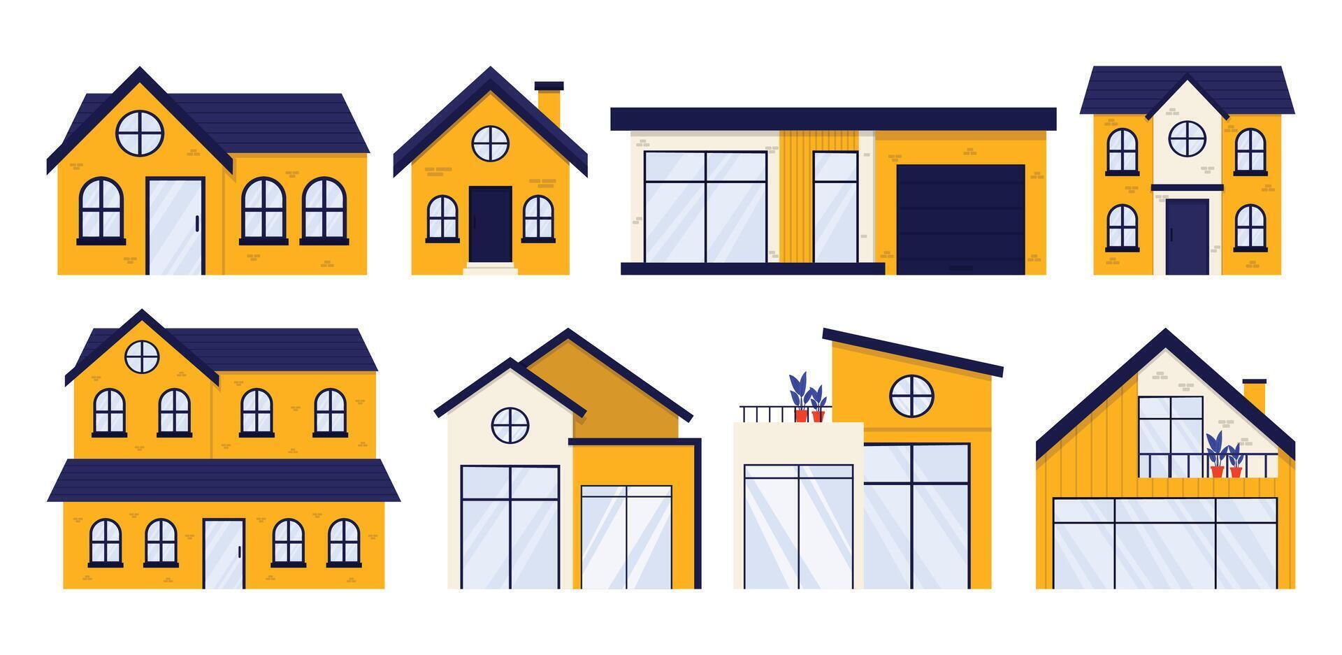 Collection of Various House Styles Illustrations Set of diverse house concept in flat design including modern, traditional, minimalist, and cottage-style homes, perfect for real estate, housing vector