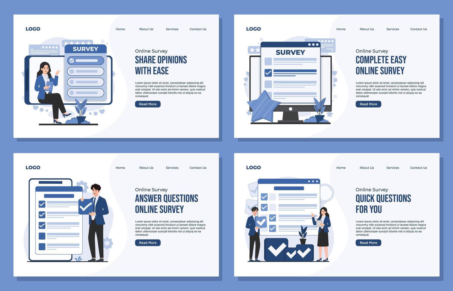 Landing page template Collection of online survey illustrations showing mobile feedback user review rating concepts designed for customer experience improvement data collection analysis needs vector