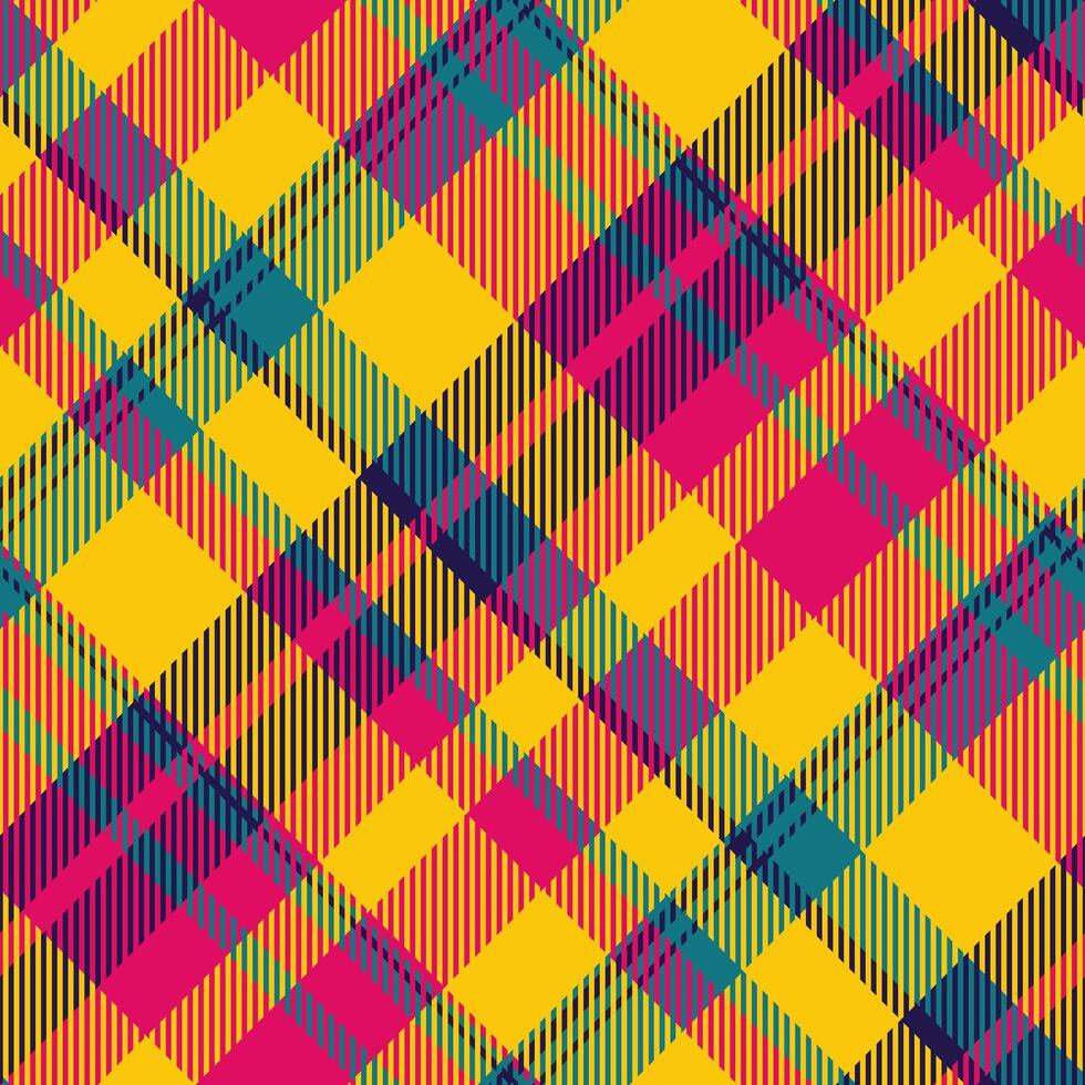 Vibrant diagonal plaid pattern in bold yellow, pink, teal, and purple. Perfect for textiles, fashion, web design, or any project needing a lively, geometric texture. vector