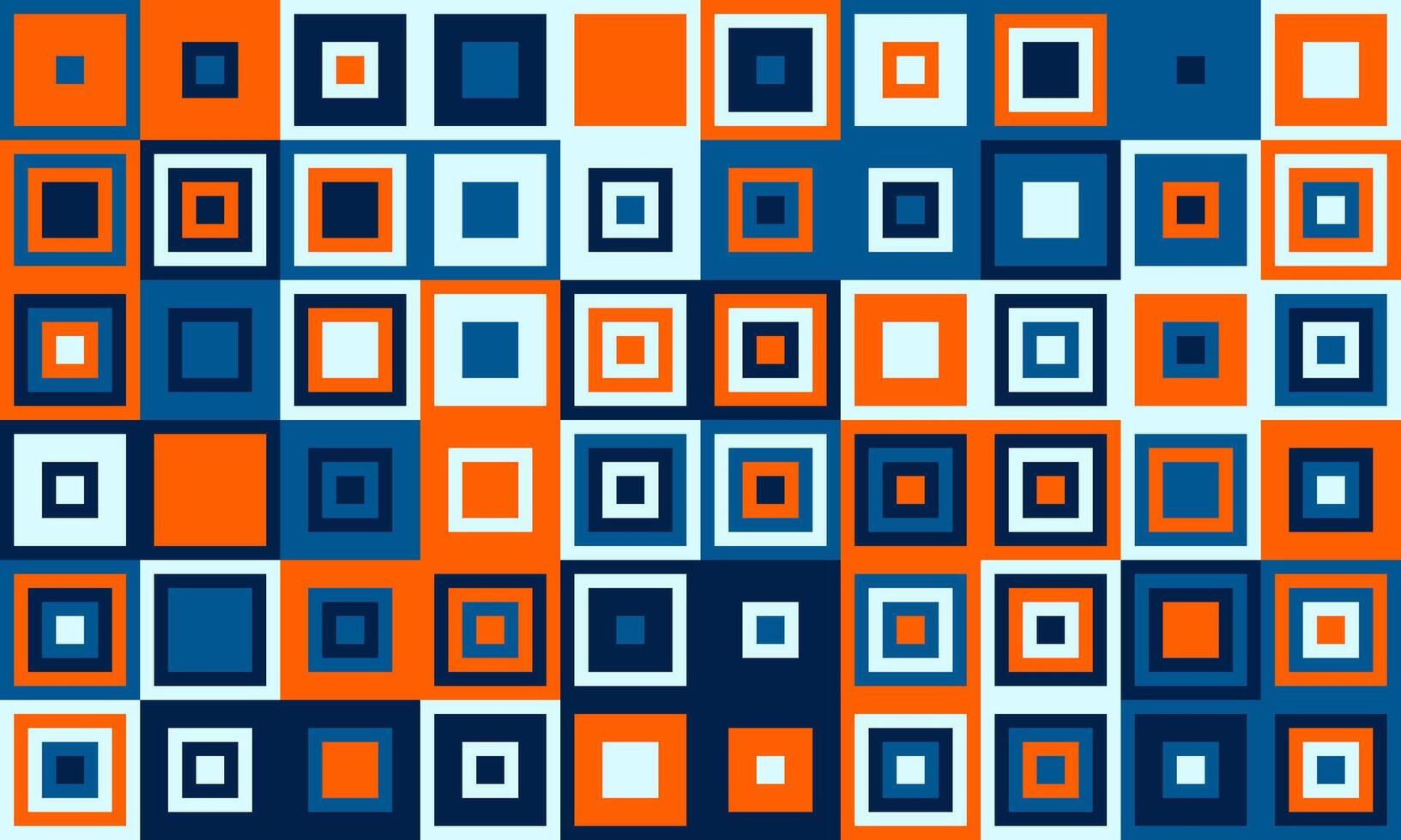 Vibrant geometric pattern of squares in bold orange, blue, and white. A modern, abstract design ideal for backgrounds, website banners, textiles, or any project needing a dynamic visual element. vector