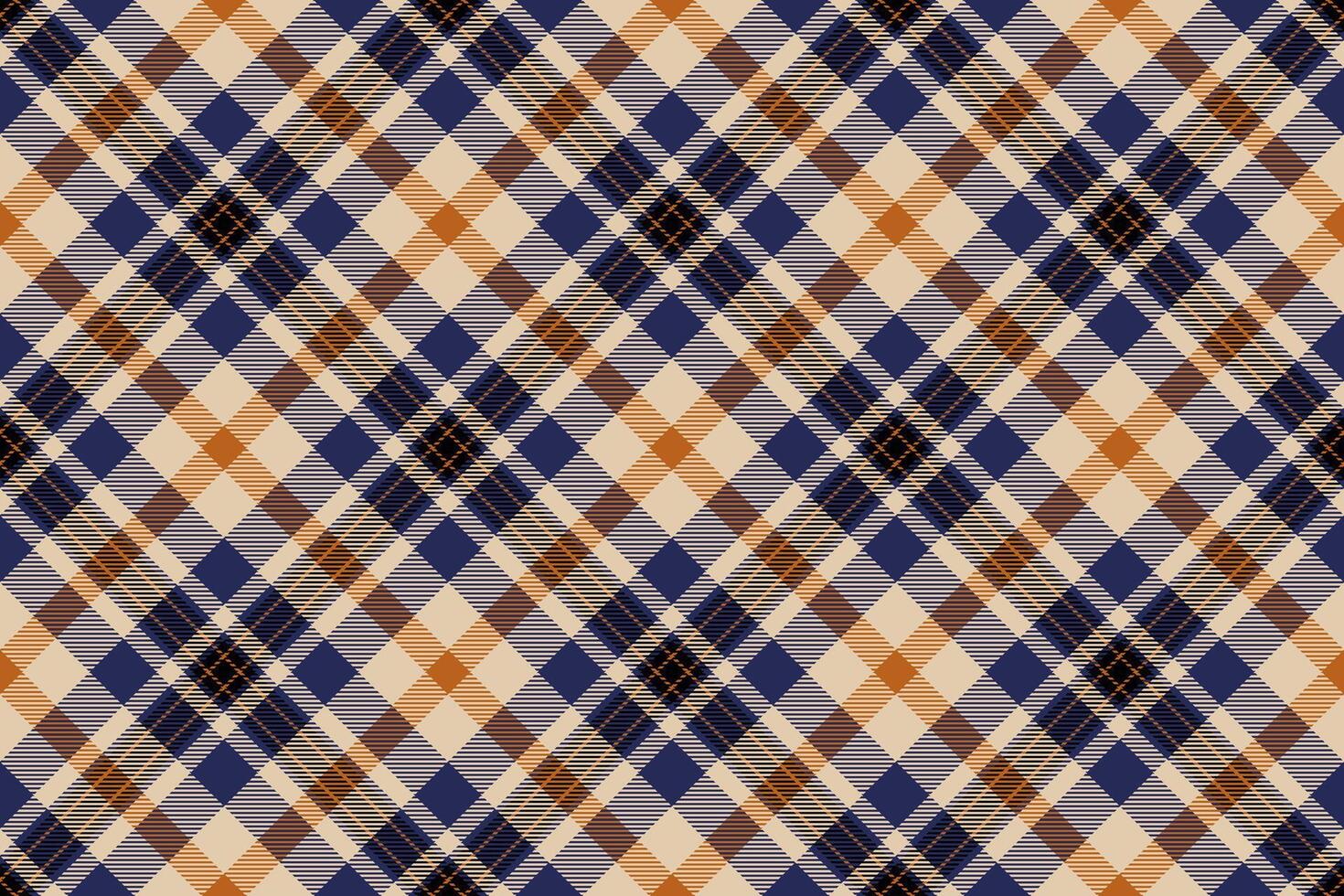 Elegant diagonal plaid pattern in muted blues, oranges, and browns. Perfect for textile design, apparel, or website backgrounds. This seamless texture offers a sophisticated, timeless aesthetic. vector