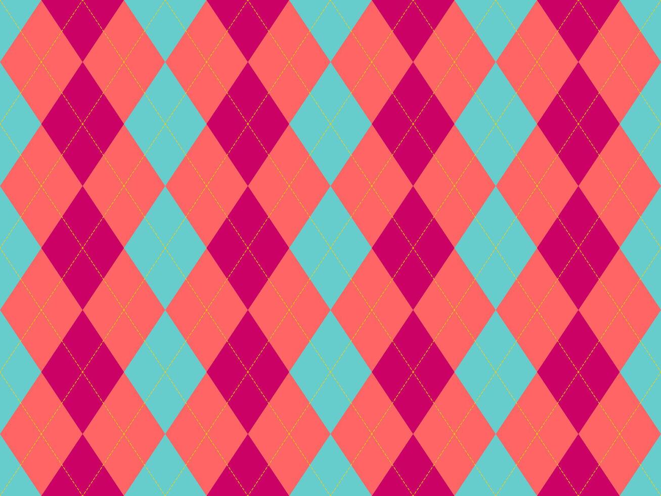 Vibrant argyle pattern in coral, teal magenta. Geometric diamond design with subtle yellow stitching. Perfect for textiles, fashion, websites, playful backgrounds. vector