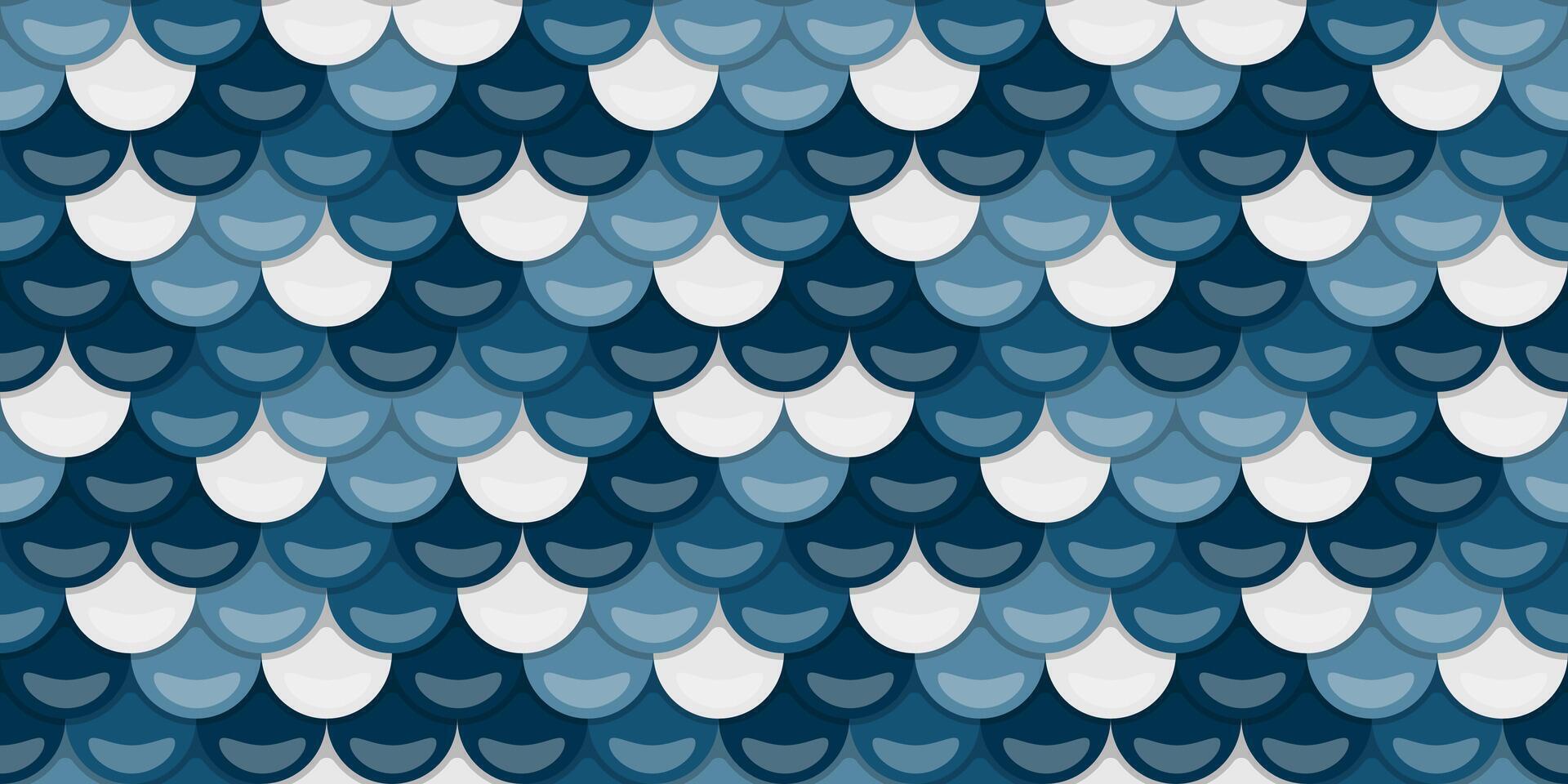 Abstract seamless pattern of overlapping blue and white scales. Evokes water, ocean, or fish scales, perfect for backgrounds, textures, or decorative designs. vector