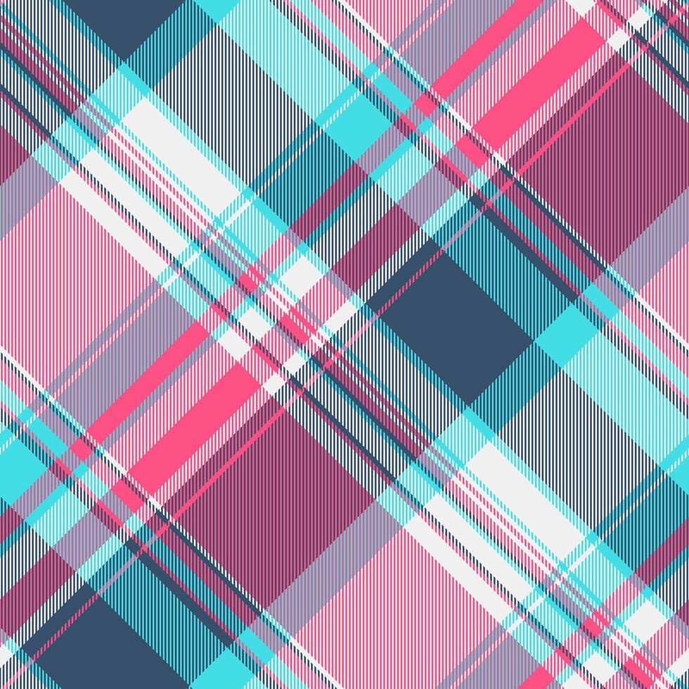 Vibrant diagonal plaid pattern in pink, teal, and gray. Perfect for textile design, fashion, or website backgrounds. Modern and stylish, this seamless texture evokes a sense of energy and optimism. vector
