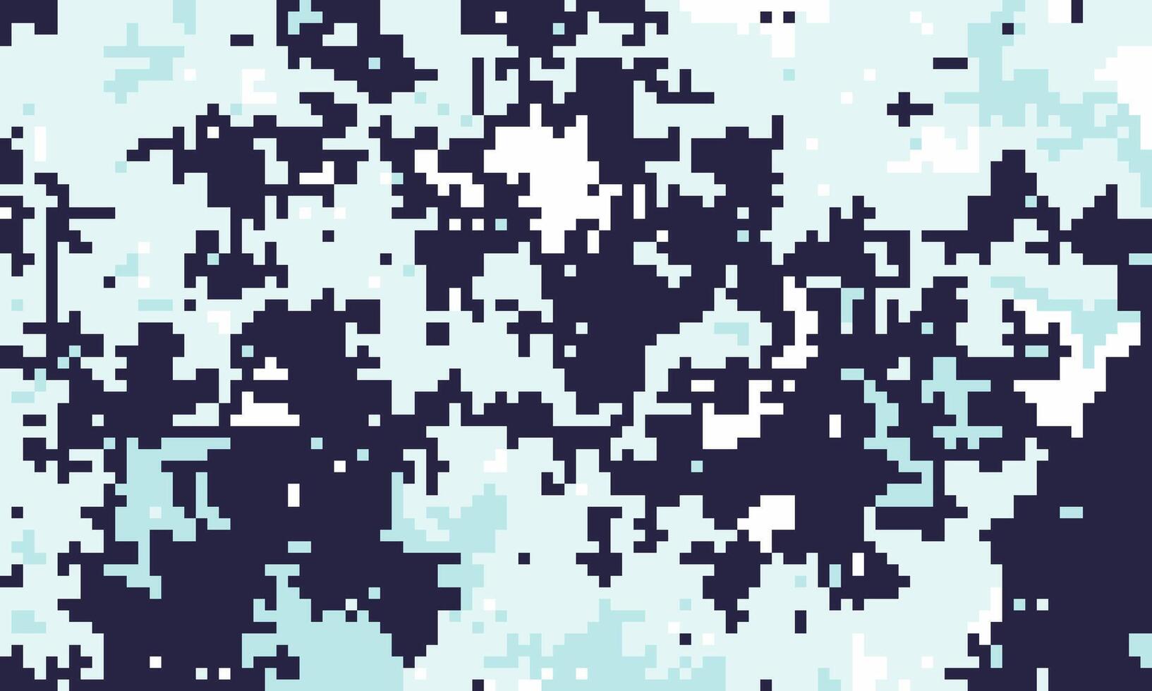 Abstract pixel art background. Cool blue and dark navy digital camouflage pattern. Ideal for tech, gaming, fashion, or website design. Represents digital disruption or modern concealment. vector