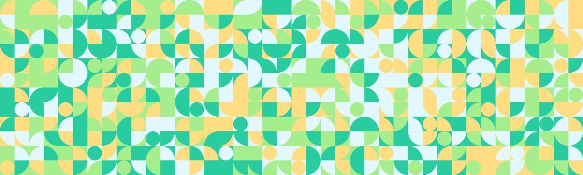 Vibrant geometric pattern featuring a playful mix of circles, squares, and semicircles in pastel greens, yellows, and whites. vector
