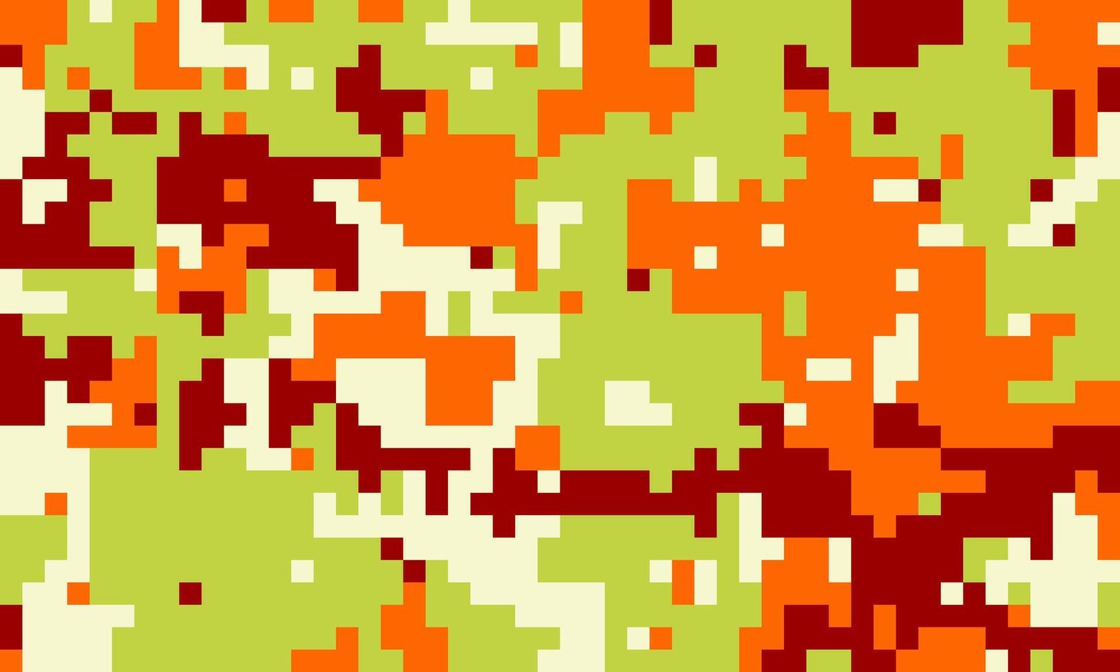 Abstract pixelated camouflage pattern in vibrant orange, red, and lime green. Ideal for fashion, gaming, or tech backgrounds. Modern, bold design conveys energy and dynamism. vector