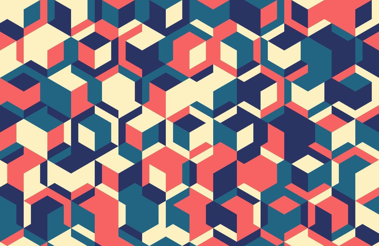 Abstract geometric seamless pattern. Vibrant, retroinspired design featuring interlocking cubes in coral, teal, and beige. Ideal for website backgrounds, textiles, or modern branding. vector