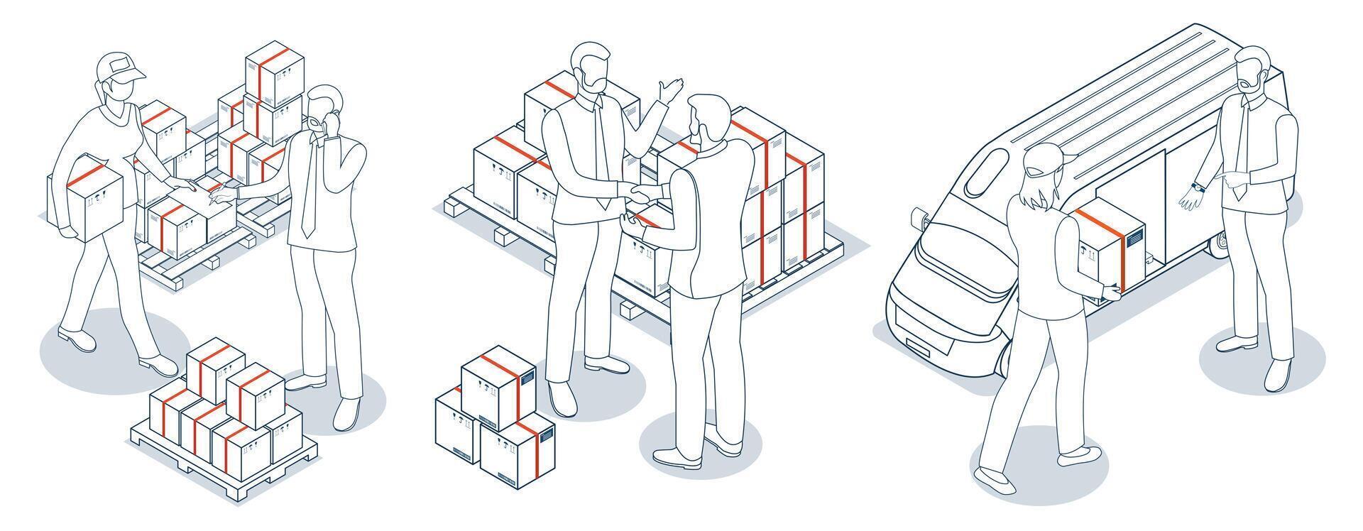 Set of Logistics and Delivery services scenes concept with People delivering a box to a customer. Smart Logistics Business, Export and Import. vector