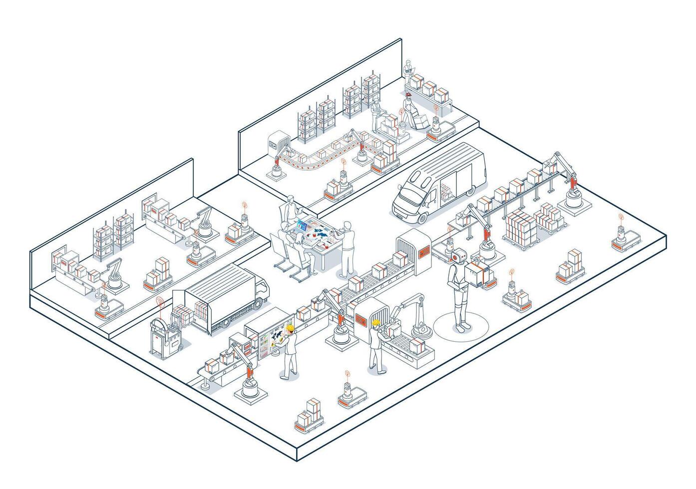 Smart warehouses in Industry 40 leverage AI and AGVs for automated production, transportation, and logistics. vector