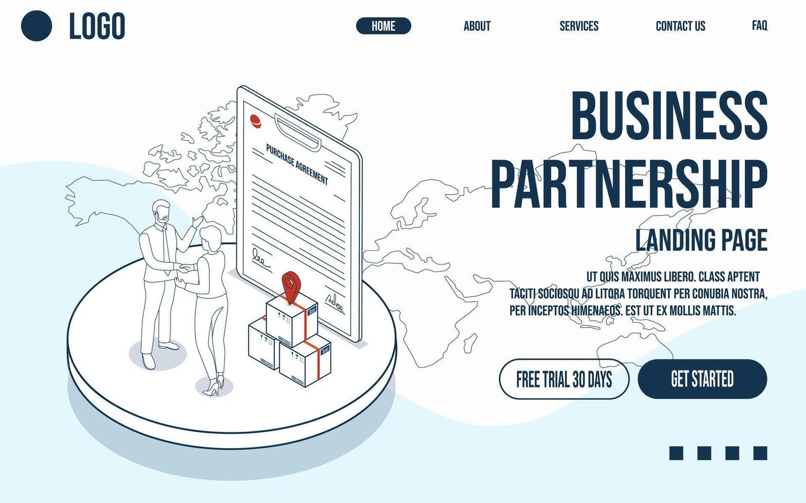 Business partnership landing page concept featuring two businesspeople shaking hands, with a purchase agreement on a clipboard as a backdrop. vector