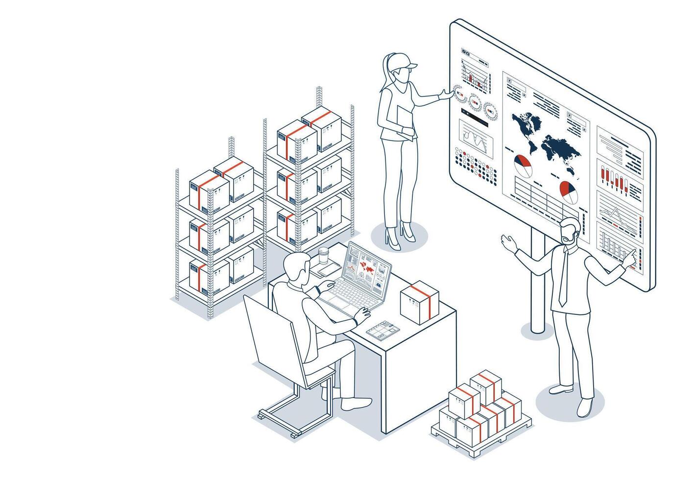 Supply Chain Management SCM Coordinated delivery of goods or services via integrated logistics fleet, warehouse, materials, inventory, demand often using real-time software. vector