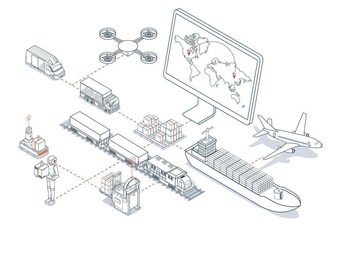 International shipping is the worldwide transport of goods via various methods like trains, trucks, planes, and ships, crucial for global business logistics and online commerce. vector