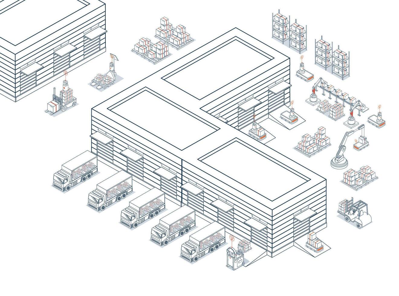 Smart logistics combines warehouse management with wireless technology and automated robots AGV vector