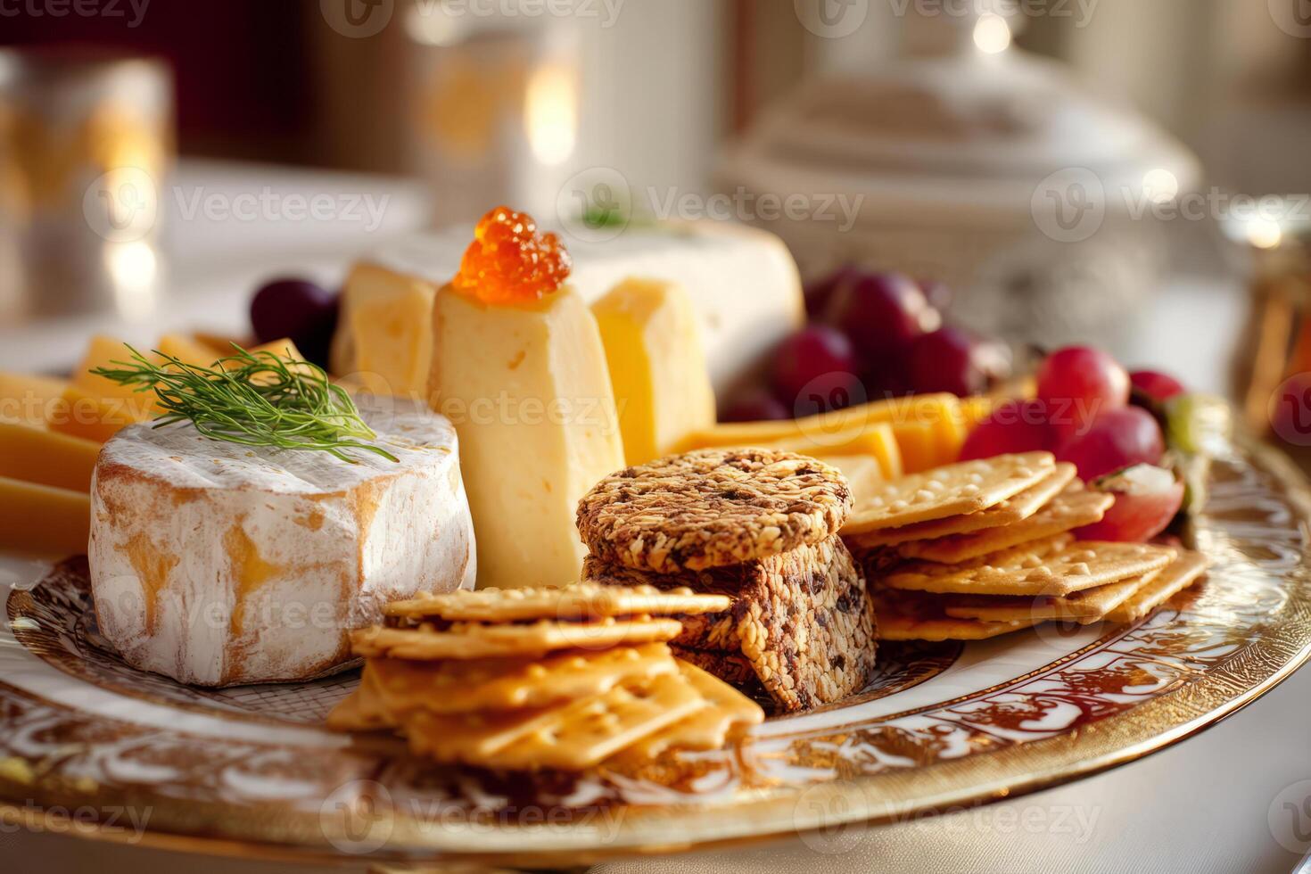 Assorted gourmet cheeses and crackers on elegant plate photo