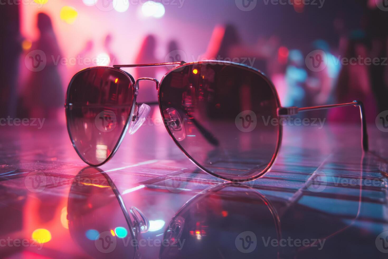 Stylish sunglasses reflecting nightclub dance floor photo
