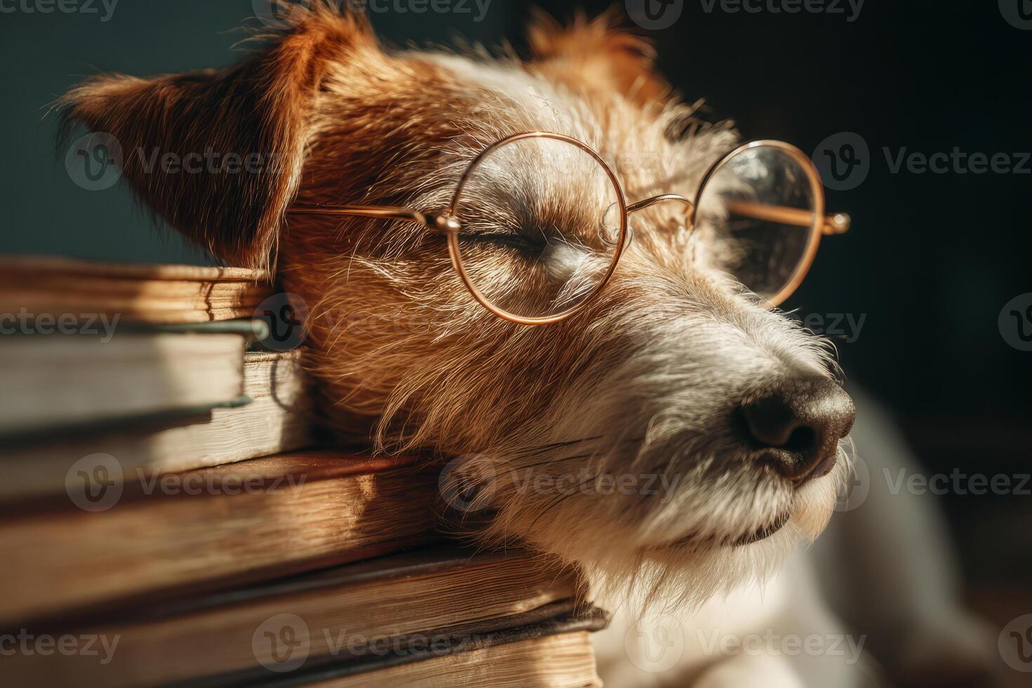 Dog Sleeping with Glasses on Stack of Books photo