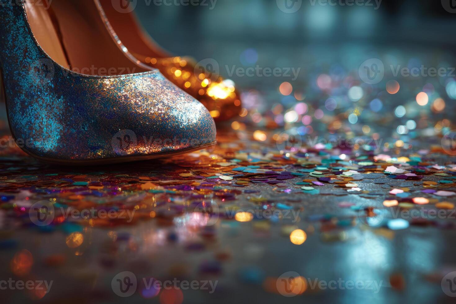 Glitter high heel shoe with confetti on shiny floor photo
