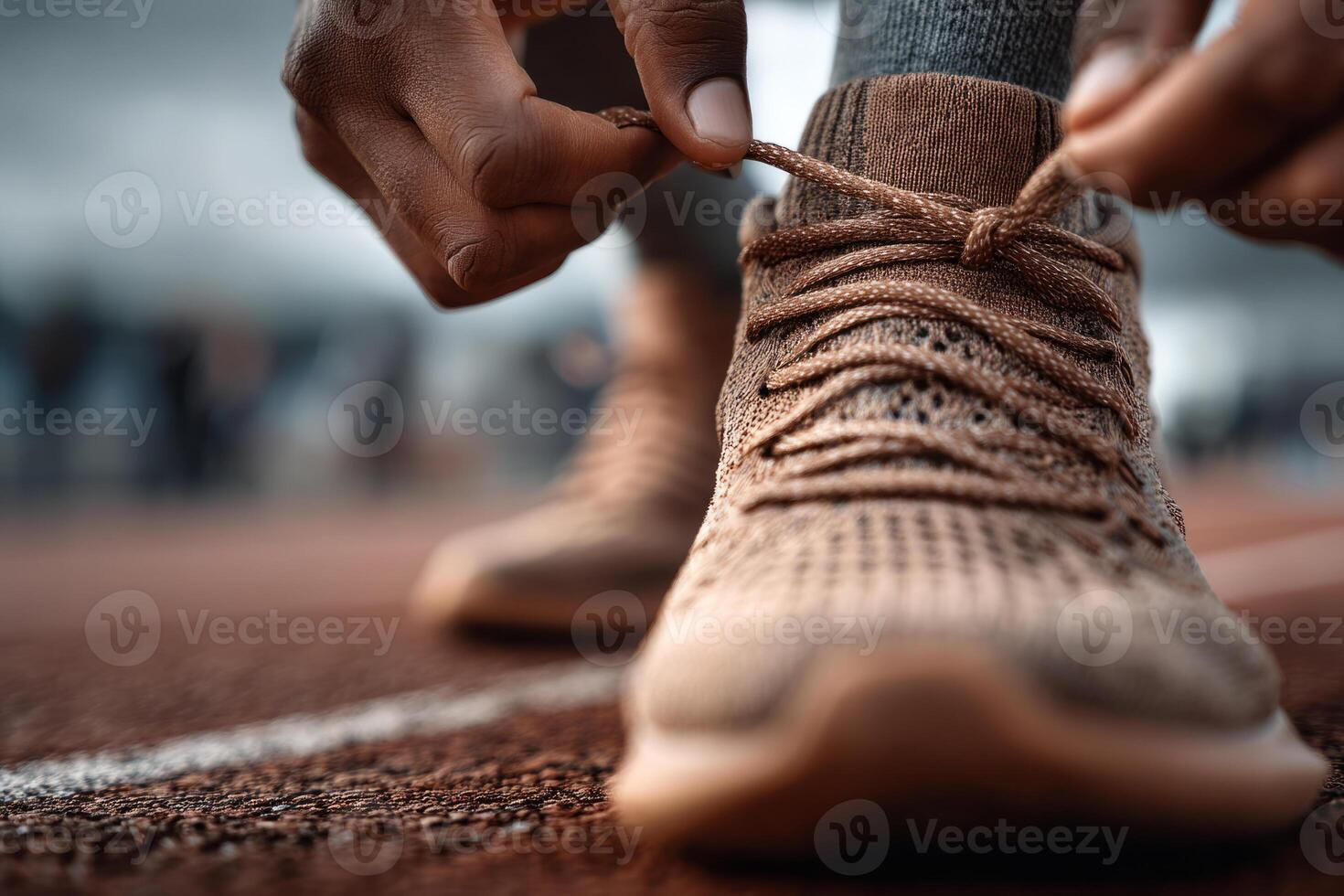 Runner Tying Shoelaces on Track Before Workout photo
