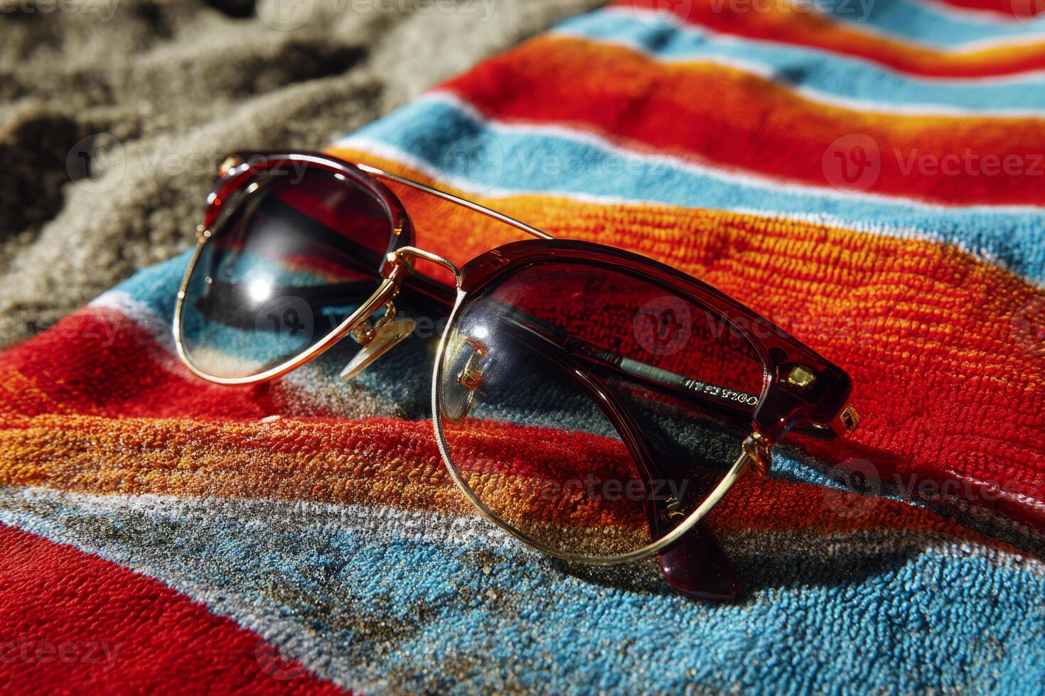 Sunglasses on colorful beach towel with sand photo