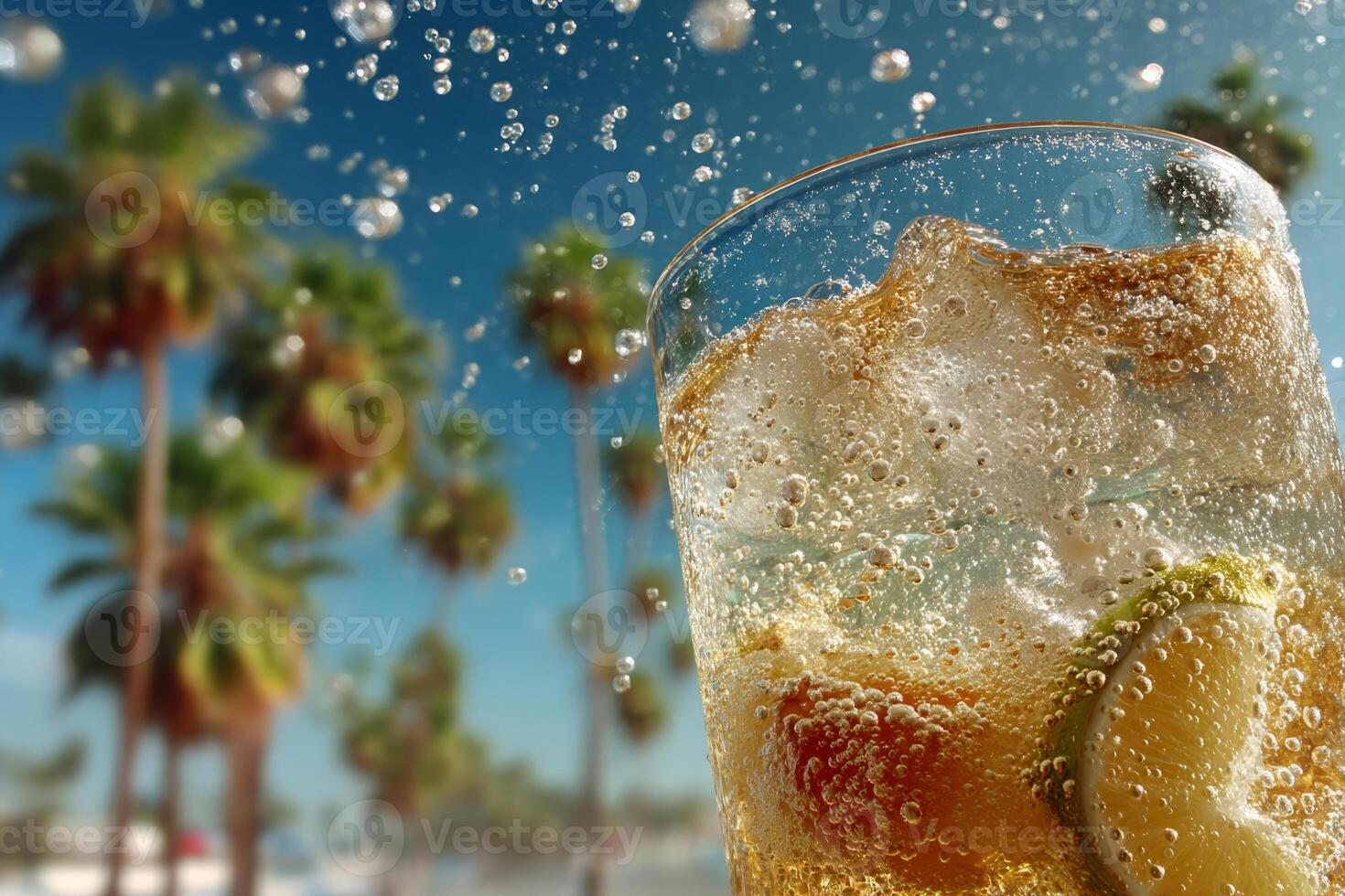 Cold lemonade with lime and bubbles in summer photo
