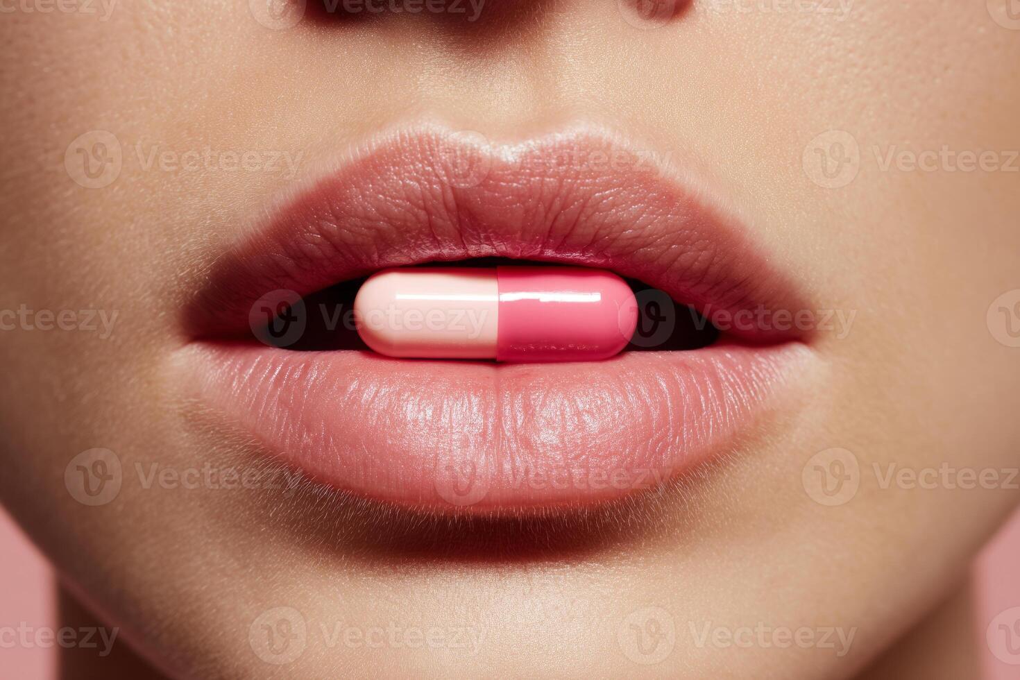 Woman holding pill between lips photo
