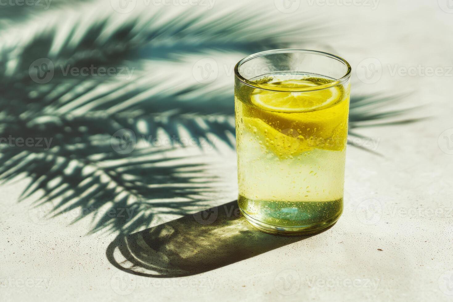Glass of lemonade with lemon slices in sunlight photo