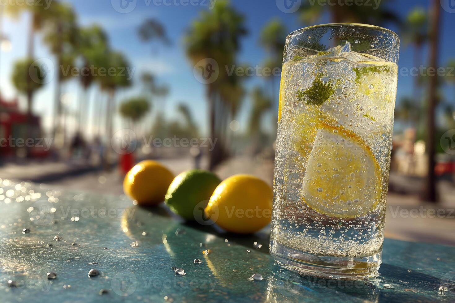 Lemonade with lime and bubbles in summer photo