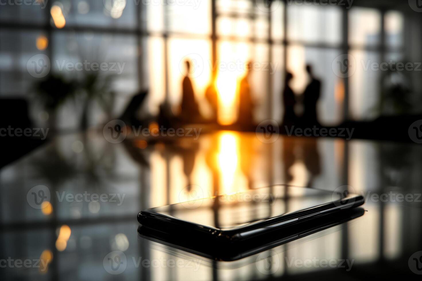 Smartphone on table with blurred office background photo