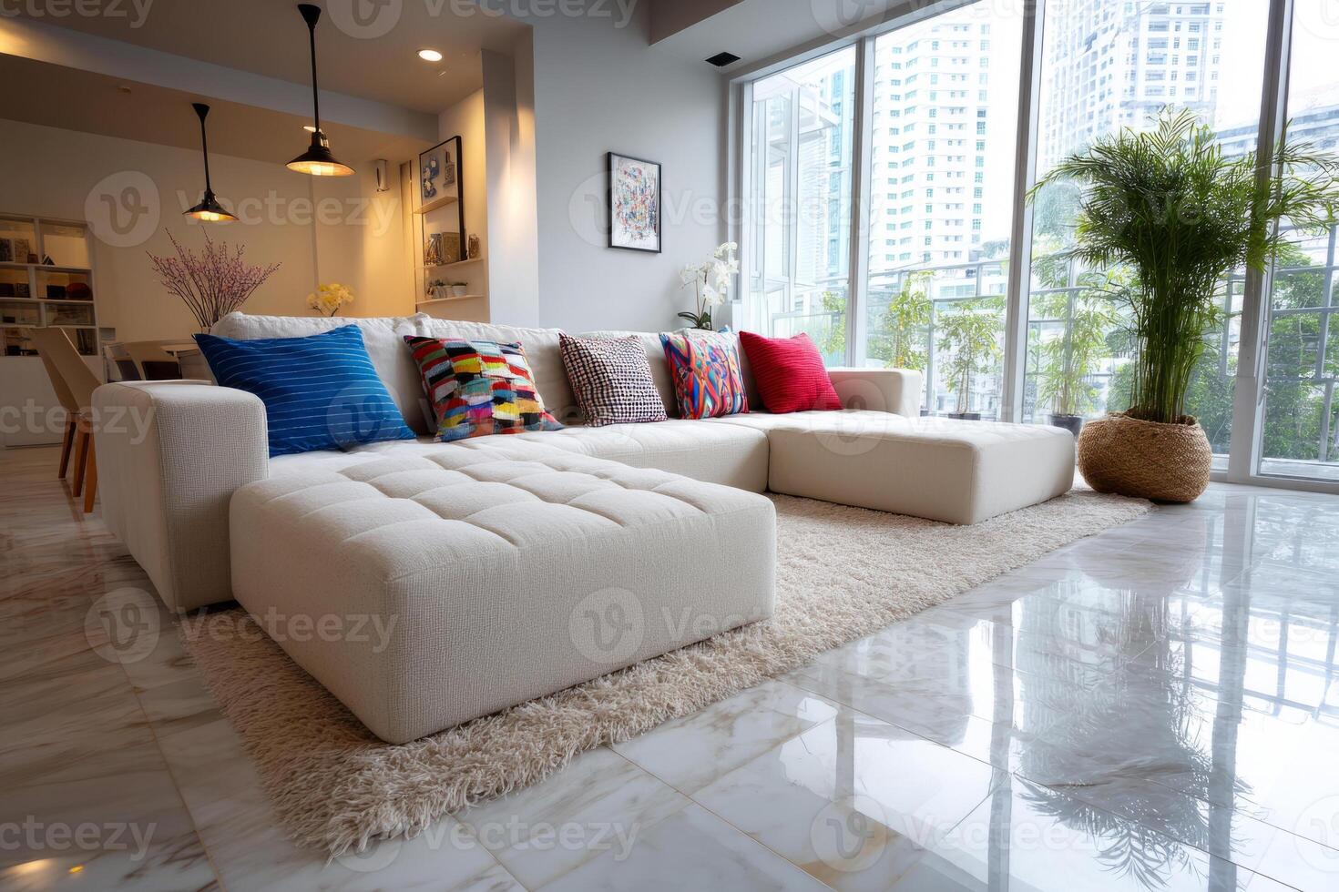 Contemporary living room with modular sofa and colorful pillows photo