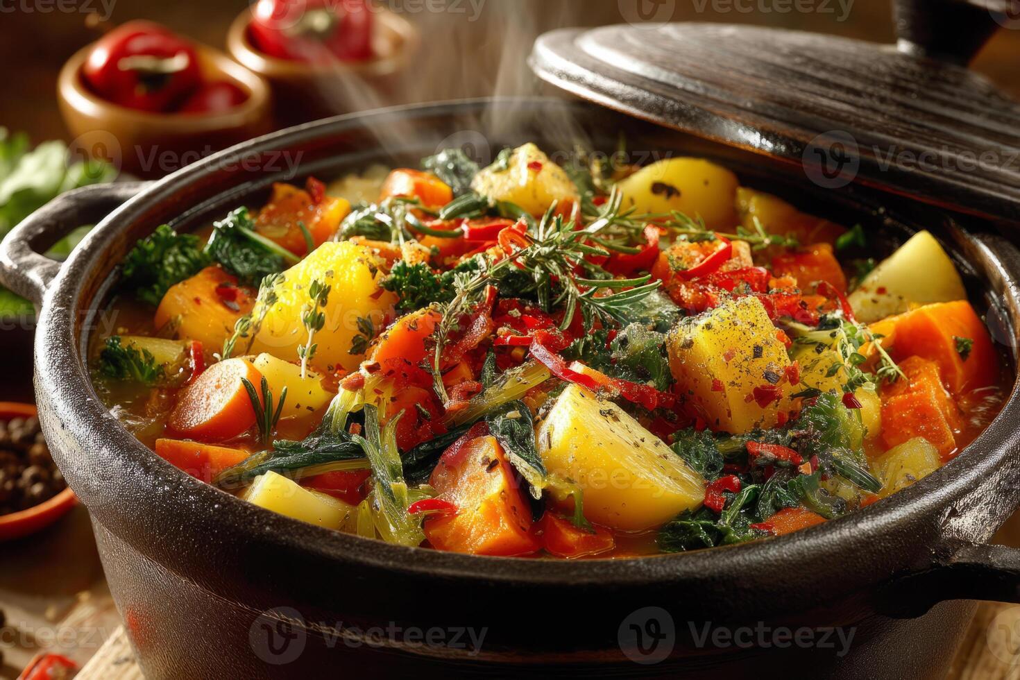 Hot vegetable stew in rustic pot with herbs and spices photo