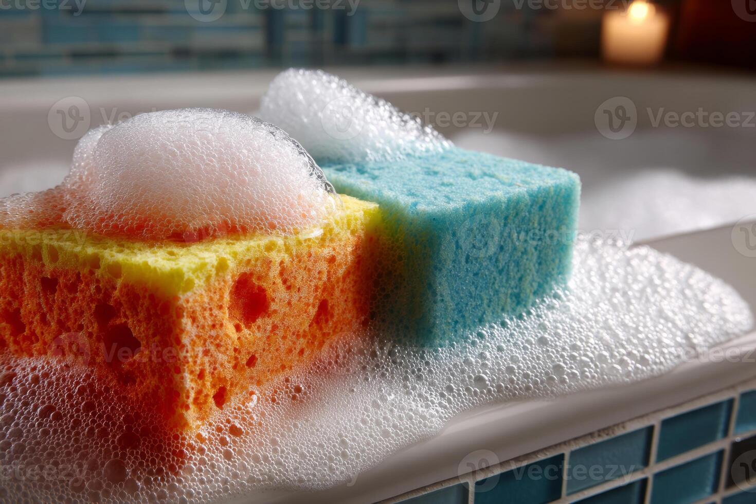 Bath sponges with soap foam photo