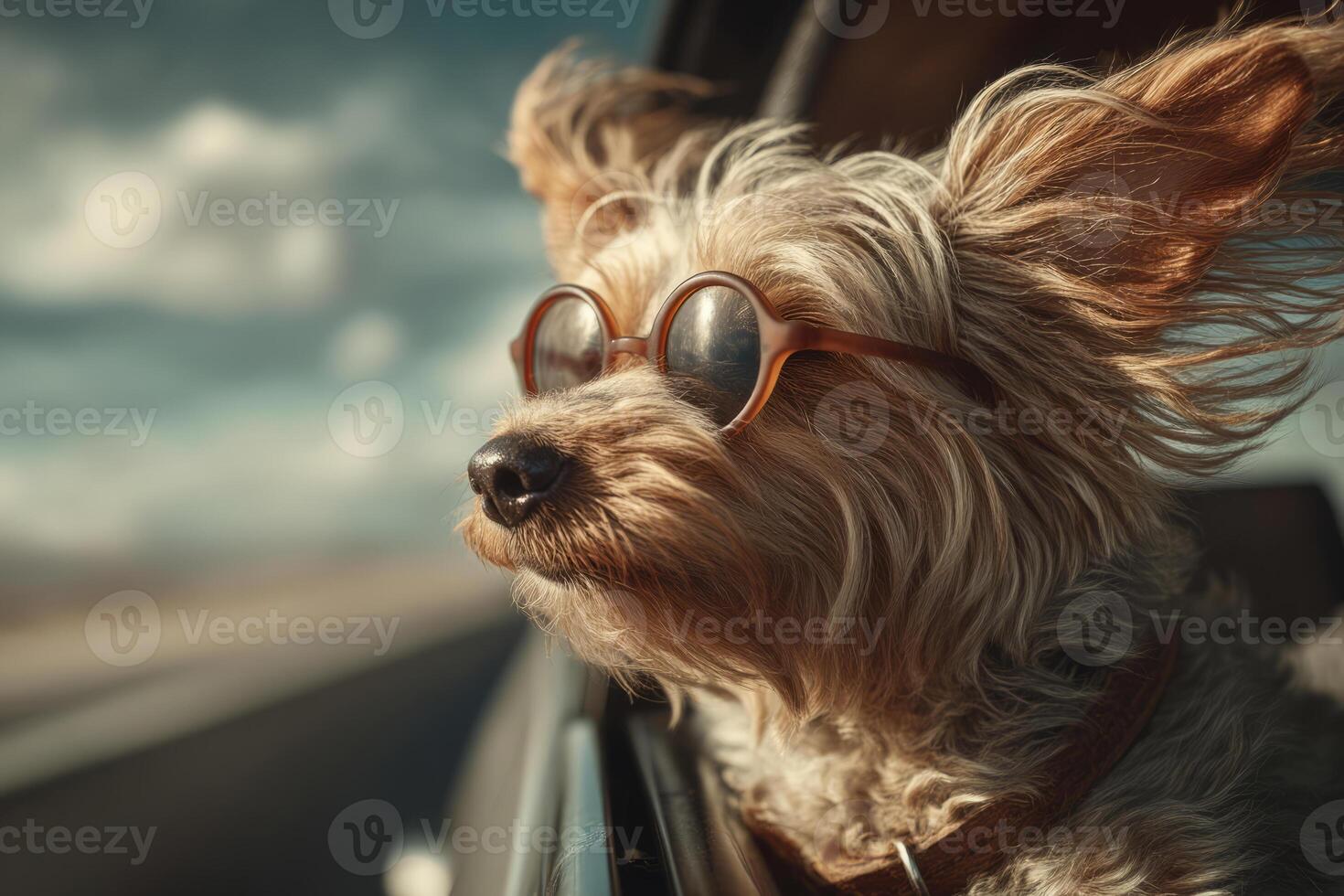 Dog Wearing Sunglasses Looking Out Car Window photo