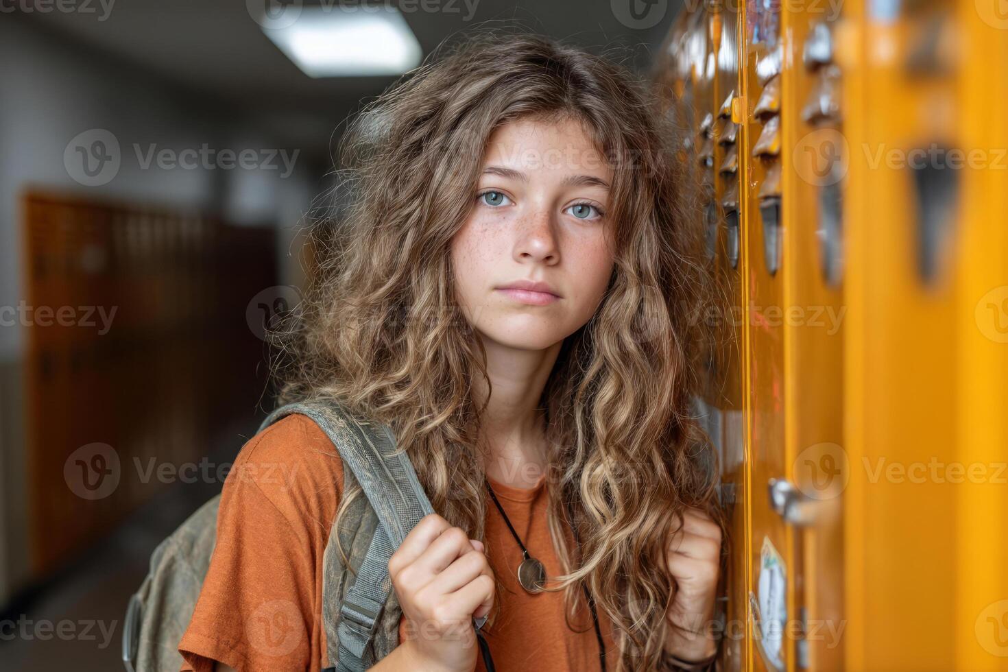 Sad teenage girl standing by school locker with backpack photo