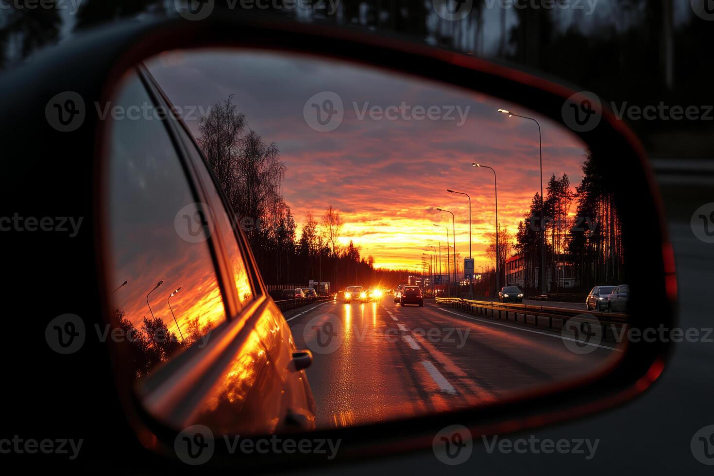 Road view in car rear view mirror reflection photo