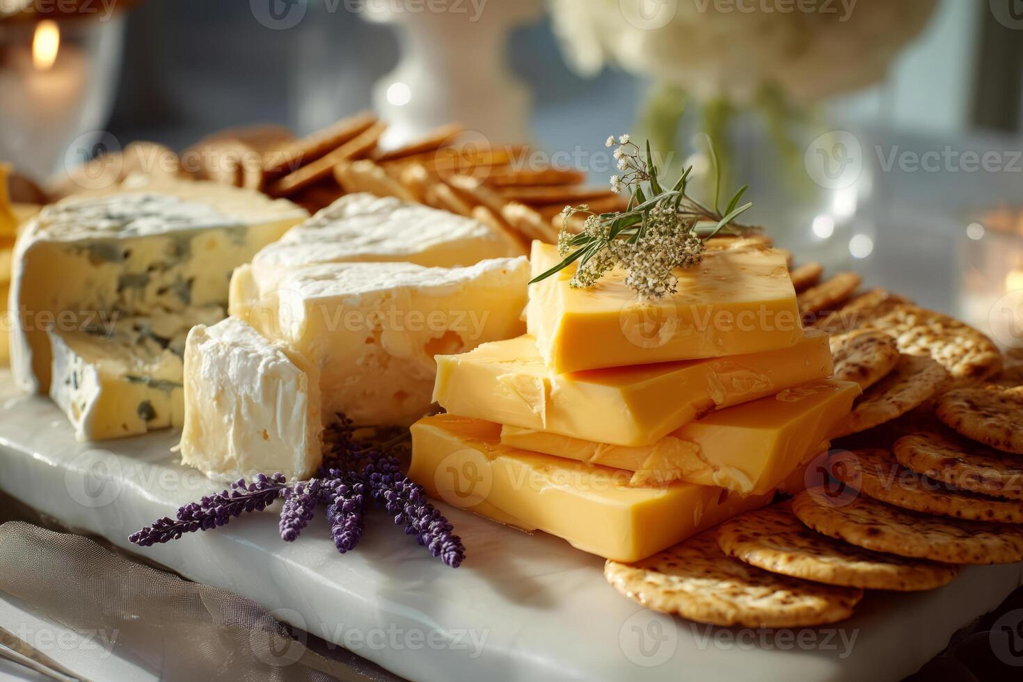 Assorted cheeses and crackers on elegant plate photo