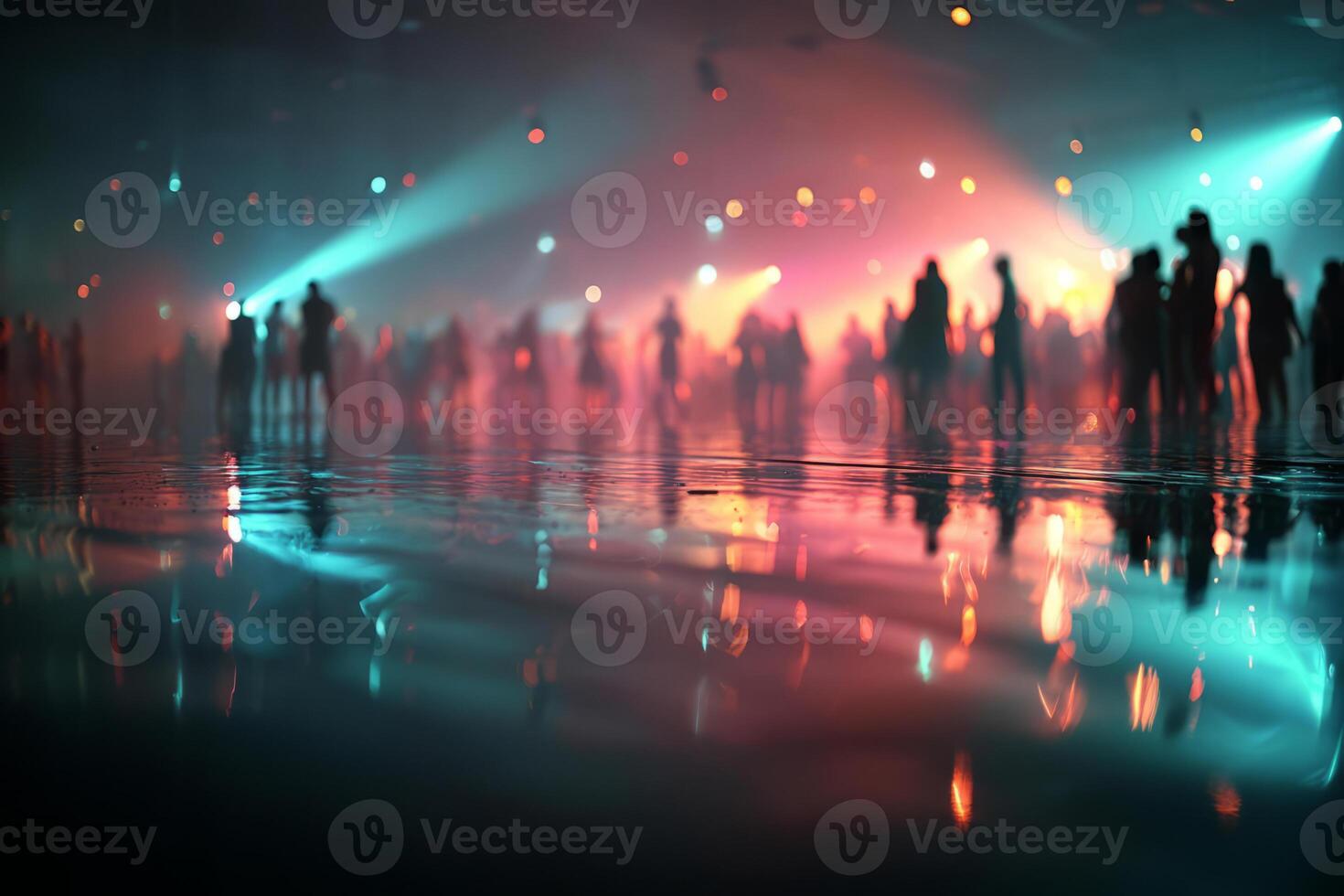 Crowd silhouette with neon lights reflected on floor photo