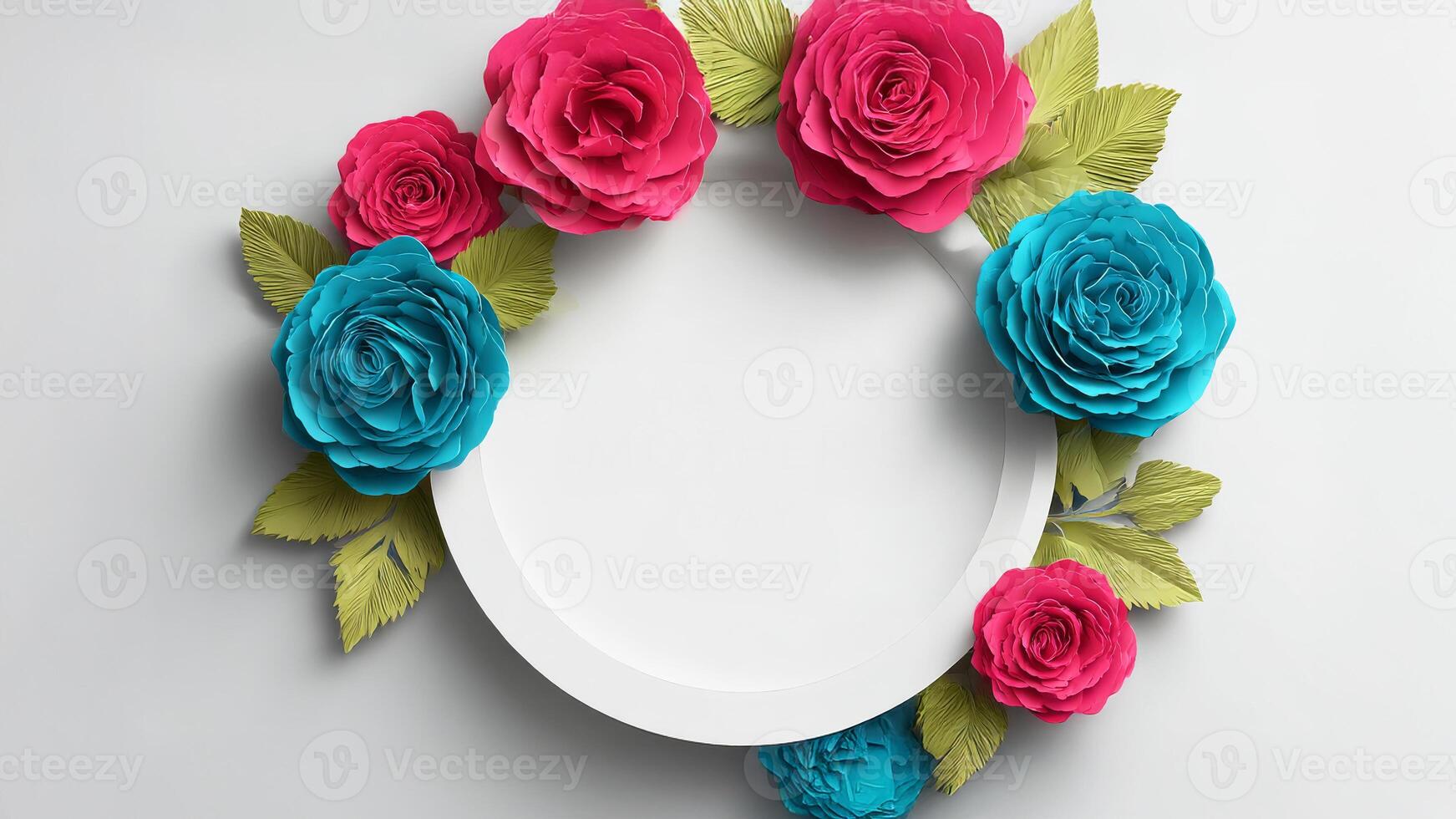 A white round plate with flowers and leaves on it photo