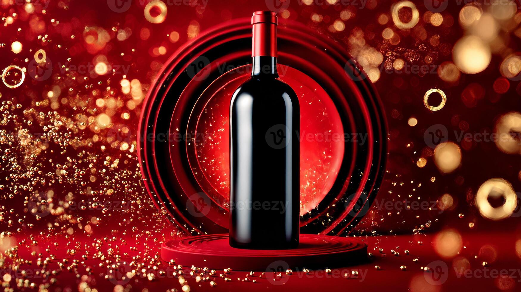 A wine bottle on a red background with gold bubbles photo