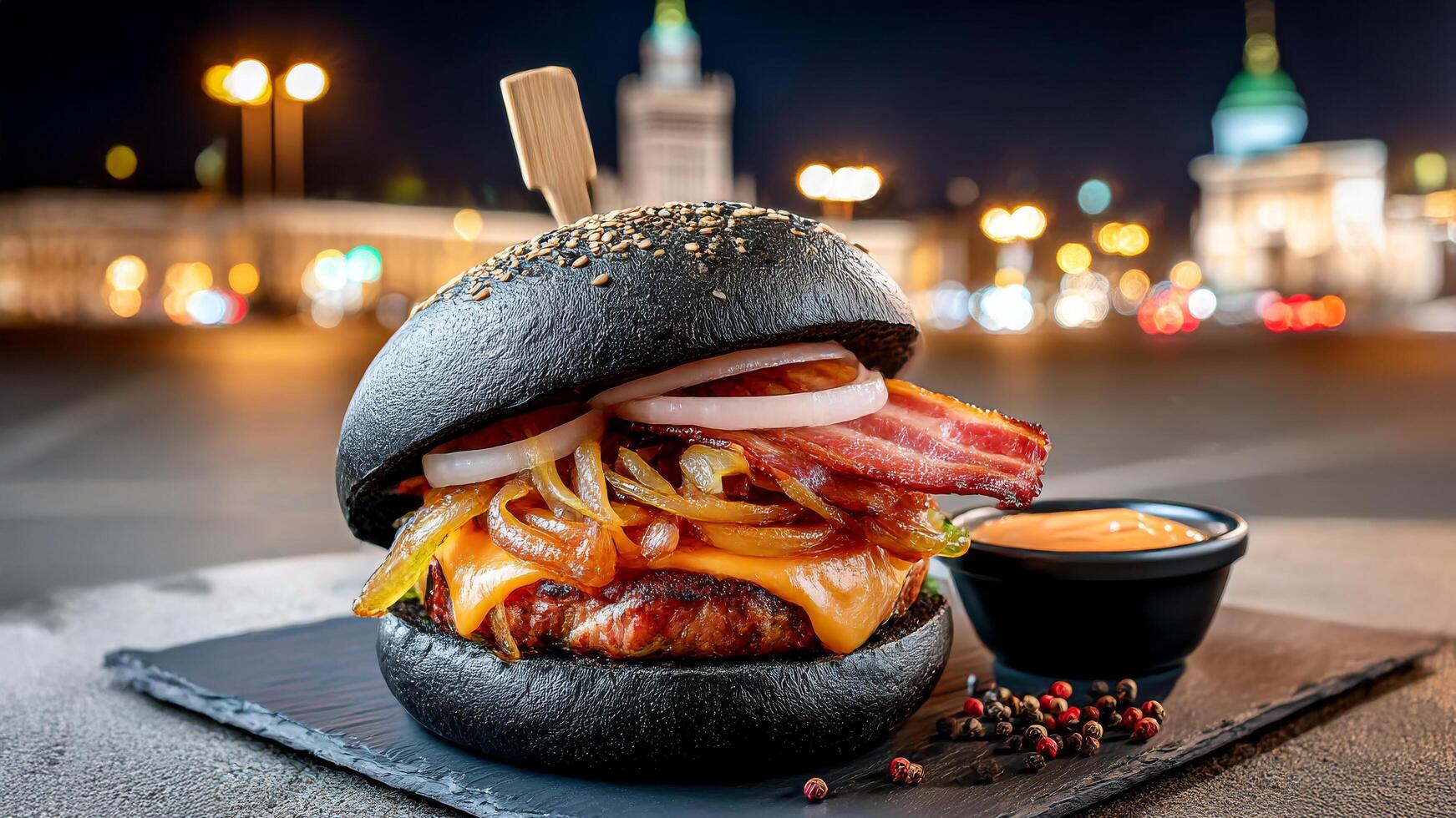 A burger with bacon, cheese and onions on a black plate photo