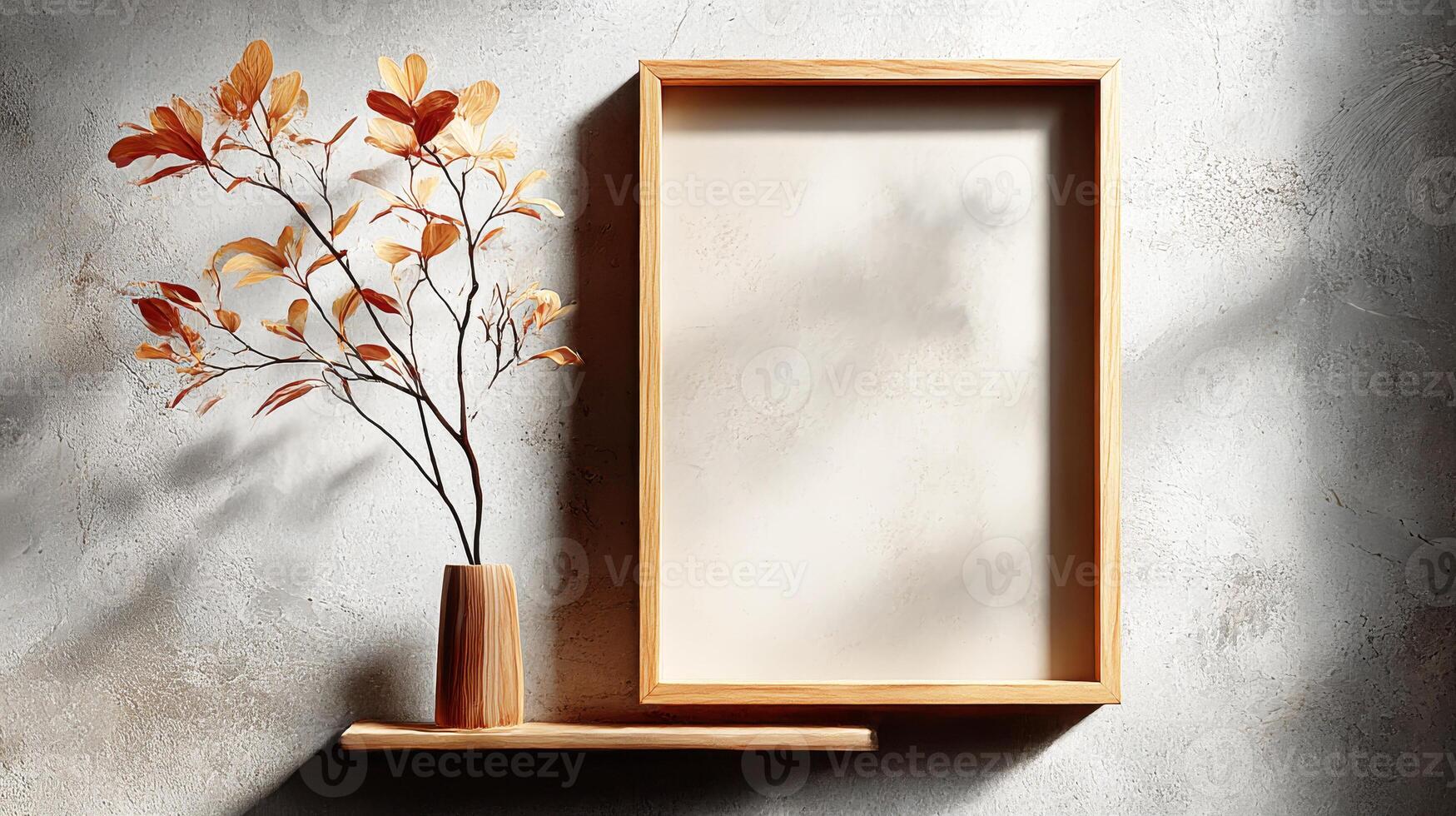 A wooden frame with a vase of leaves sitting on a shelf photo