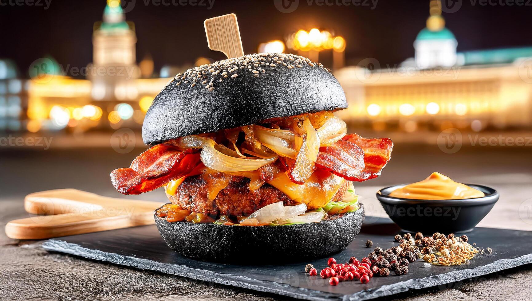 A burger with bacon, cheese and onion on a black plate photo
