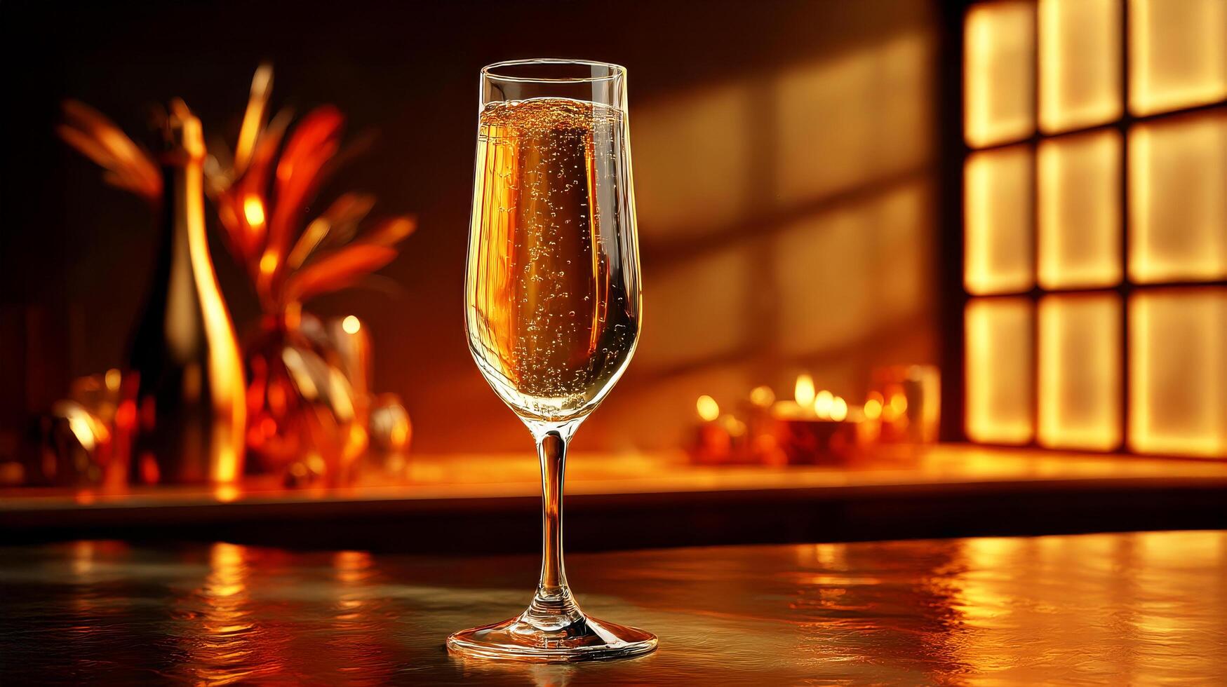 A glass of champagne on a table in front of a window photo
