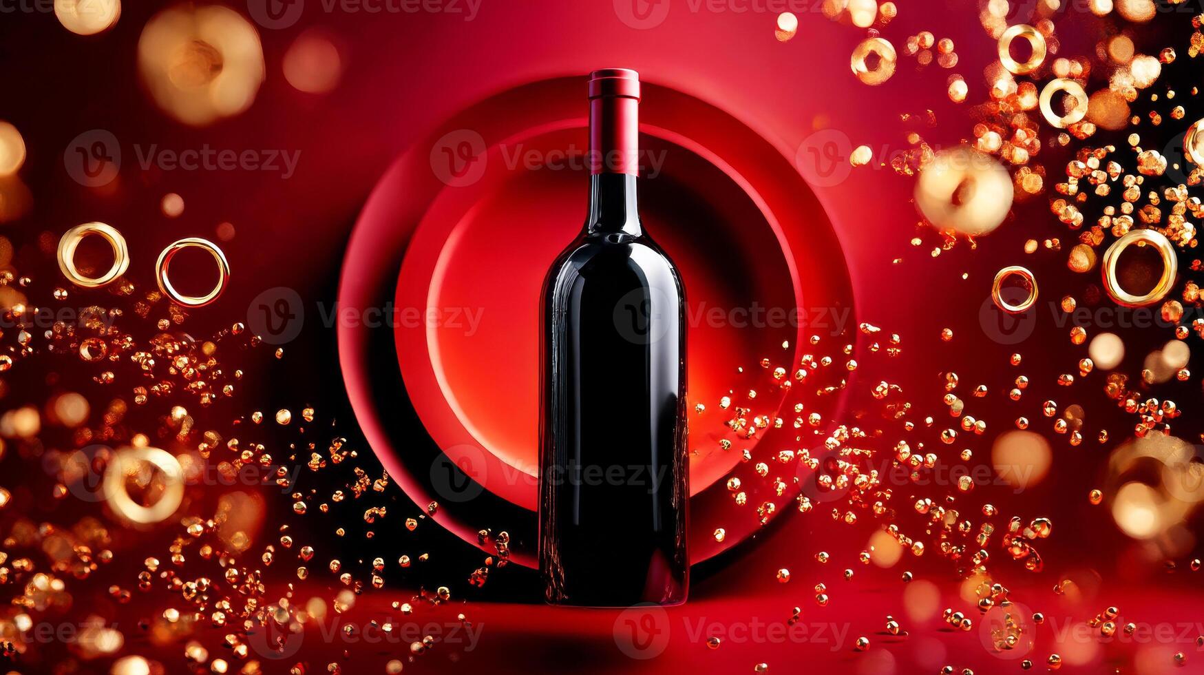 A wine bottle on a red background with bubbles photo