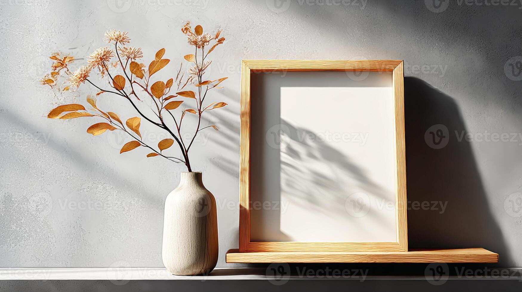 A wooden frame and vase with a plant on a shelf photo