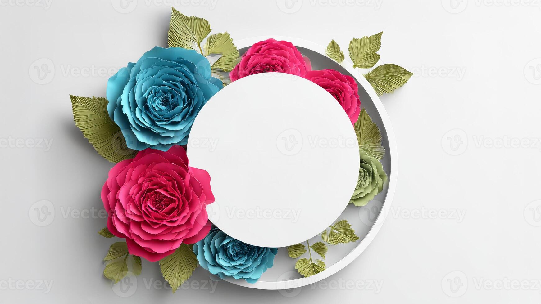 3d rendering of a round frame with flowers on a white background photo